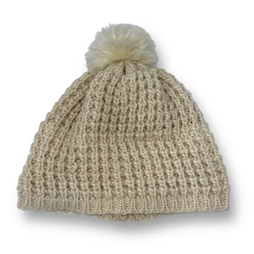 Unbranded Canadian Wool Blend Knit Cream Beanie with Poof